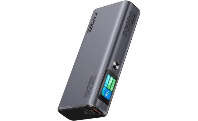 Promate Titan-130 Universal 20000mAh Ultra-Slim Portable Power Pack with 130W Power Delivery, Smart TFT LCD Screen, USB-A QC 3.0, Dual USB-C Input/Output Ports, and Over-Heating Protection Promate Titan-130 Universal 20000mAh Ultra-Slim Portable Power Pack with 130W Power Delivery, Smart TFT LCD Screen, USB-A QC 3.0, Dual USB-C Input/Output Ports, and Over-Heating Protection