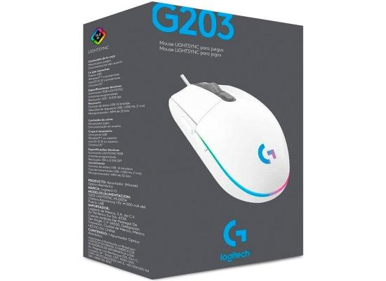 Logitech G203 Wired Gaming Mouse, 8,000 DPI, Rainbow Optical Effect LIGHTSYNC RGB, 6 Programmable Buttons, On-Board Memory, Screen Mapping, PC/Mac Computer and Laptop Compatible - White