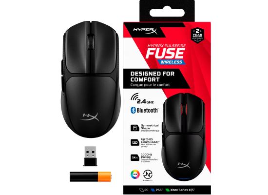 Hyperx Pulsefire Fuse Wireless & Bluetooth Lightweight 75G Long Battery Life Up to 850 hours up to 12k Dpi LED RGB Lighting 2 Support PC, PS5™, Xbox Series X|S , Black