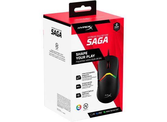 Hyperx Pulsefire Saga RGB Customizable Gaming Mouse Precision Tracking up to 8kHz Lightweight 69 Gram Tactile Clicks HyperX 26K Sensor HyperFlex 2 USB Cable Support PC, PS5™, Xbox Series X|S , Black