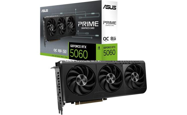ASUS PRIME GeForce RTX 5060 OC Edition 8GB GDDR7 128-Bit Memory, 2565 MHz Boost Clock, 28 Gbps Memory Speed, 3840 CUDA Cores, PCI Express 5.0 ASUS PRIME GeForce RTX 5060 OC Edition 8GB GDDR7 128-Bit Memory, 2565 MHz Boost Clock, 28 Gbps Memory Speed, 3840 CUDA Cores, PCI Express 5.0