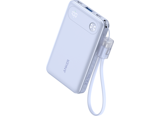 Anker A1257PV1 Power Bank, 10,000mAh Portable Charger with Built-in USB-C Cable and Lanyard, 22.5W Max Output with USB-C&A Port, Battery Pack for iPhone 15/14, Galaxy S23, iPad, AirPods, and More - Purple