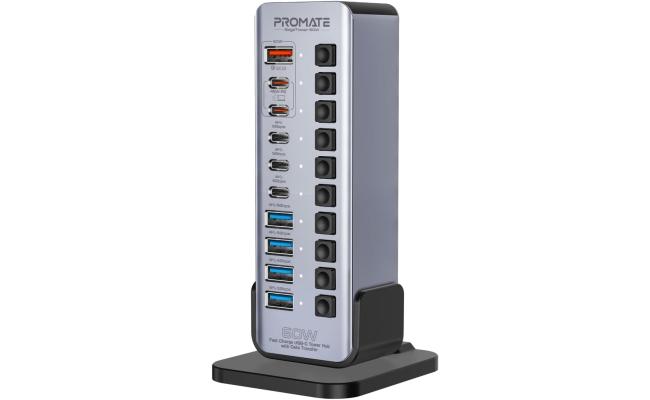 Promate GegaTower-60W 14-In-1 Multiport 60W USB-C Tower Hub, 3 5Gbps USB-C Ports, 4 5Gbps USB-A Ports, 2 Ultra-Fast Charging PD48W USB-C 3.0 Port, Fast QC 3.0,On/Off Switches, Plug and Play Promate GegaTower-60W 14-In-1 Multiport 60W USB-C Tower Hub, 3 5Gbps USB-C Ports, 4 5Gbps USB-A Ports, 2 Ultra-Fast Charging PD48W USB-C 3.0 Port, Fast QC 3.0,On/Off Switches, Plug and Play
