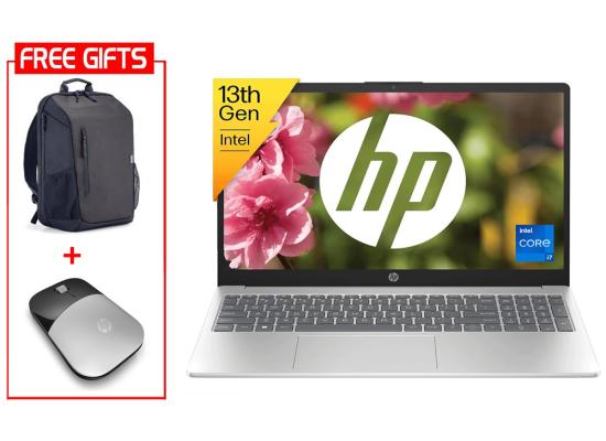 HP Laptop 15-fd0240ne (2024) NEW 13th Gen Intel Core i7 10-Cores Slim Design w/ Backlit Keyboard (Customized) Bundle ((HP BackPack + HP Z3700 Mouse)) - Silver