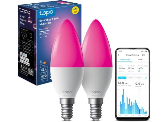 Tapo L430C (2-Pack) Smart WiFi Light Bulb E14, 470 Lumens, 16 Million Colours, Dimmable, Schedule & Timer, Energy Monitoring, Compatible with Alexa, Google Assistant and Samsung SmartThings