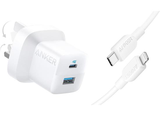 Anker 323, 33W Wall Charger + USB-C To C Cable 3ft, USB Type-A & USB Type-C Interface, ActiveShield Safety System, Portable, Universal Compatibility, White