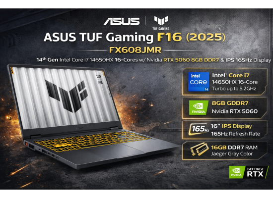 ASUS TUF Gaming F16 (2025) FX608JMR 14Gen Intel Core i7 14650HX 16-Cores w/ Nvidia RTX 5060 8GB DDR7 & IPS 165Hz Display - Gray