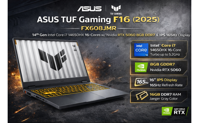 ASUS TUF Gaming F16 (2025) FX608JMR 14Gen Intel Core i7 14650HX 16-Cores w/ Nvidia RTX 5060 8GB DDR7 & IPS 165Hz Display - Gray
