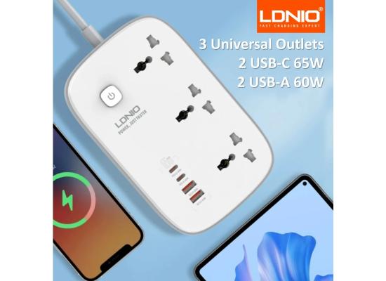 LDNIO SC6 Universal Power Socket 3250W USB C PD Fast Charging 3 Outlet Multi Plug Extension Cord, 2M Cable Surge Protector - White