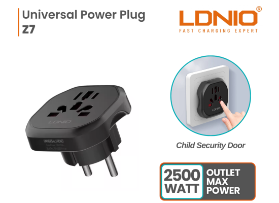 LDNIO Z7 Universal Travel Adapter with Power Strip | 4-in-1 International Plug Converter (UK, US, EU, AU) | 2500W Surge Protected Power Socket | Compact & Child-Safe