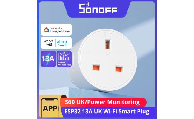 SONOFF S60 13A UK WiFi Smart Plug Socket Mini with Energy Monitoring, Remote Control, Smart Scheduling, Works with Alexa/Google Home/IFTTT, 2.4 GHz, No Hub Required SONOFF S60 13A UK WiFi Smart Plug Socket Mini with Energy Monitoring, Remote Control, Smart Scheduling, Works with Alexa/Google Home/IFTTT, 2.4 GHz, No Hub Required