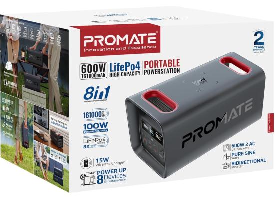 Promate PowerTank-600 600W LiFePO4 Power Station, 161000mAh, PD 100W & 30W USB-C, Dual 600W AC, QC 18W USB-A, 15W Wireless, DC Car Port, Solar Input, 1.8Hr Fast Recharge, Black