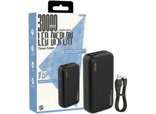 Tecno Omni Tank Power Bank 30000mAh Fast Charging , Multiple USB Outputs, Type-C Input, LED Display, Heavy Duty Design for Smartphones, Tablets & Travel - Black