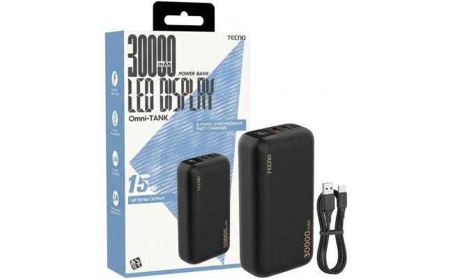Tecno Omni Tank Power Bank 30000mAh Fast Charging , Multiple USB Outputs, Type-C Input, LED Display, Heavy Duty Design for Smartphones, Tablets & Travel - Black