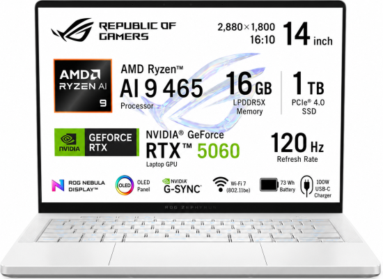 ASUS ROG Zephyrus G14 GA403GM-SY008 Gaming Laptop | Ryzen AI 9 465 | RTX 5060 8GB | 16GB LPDDR5X | 1TB SSD | 14" 3K OLED 120Hz | Platinum White