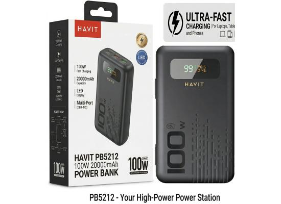HAVIT PB5212 Power Bank 20000mAh 100W Fast Charging , Multiple USB C Outputs, USB A , Smart Digital Display, Secure & Stable Charging for Laptops & Handheld , Smartphones, Tablets & Travel - Black