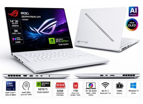 ASUS ROG Zephyrus G14 (2026) GU405AR-SY015 Gaming Laptop | Intel Core Ultra 9 386H | RTX 5070 Ti 12GB | 32GB LPDDR5X | 1TB SSD | 14" 3K OLED 120Hz | Platinum White