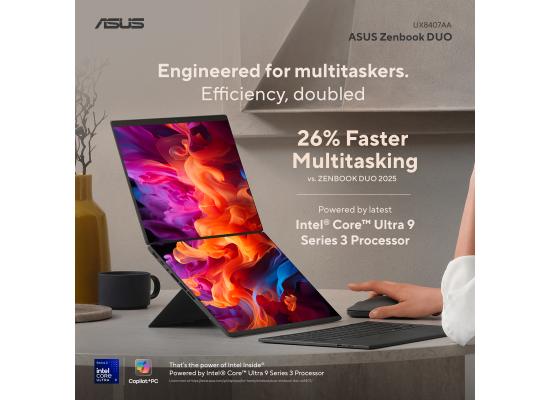 ASUS Zenbook DUO (2026) UX8407AA-SN099W Dual-Screen AI Laptop | Intel Core Ultra 9 386H | 32GB LPDDR5X | 2TB SSD | Dual 14" 3K OLED Touch 144Hz | Windows 11 Home | 90NB16V1-M008H0
