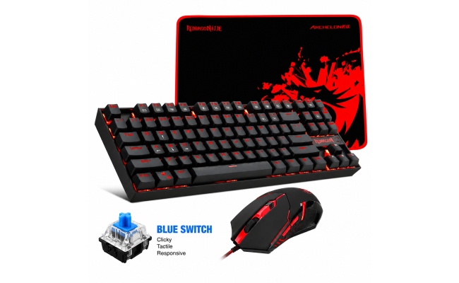 Redragon - K552-BA Mechanical Keyboard & Mouse & Large Mouse Pad Combo - 87 Key LED Backlit Adjustable Brightness and Breathing Effects - 100% Anti-Ghosting (Keyboard, Mouse, Mousepad Set) - Blue Switch Redragon - K552-BA Mechanical Keyboard & Mouse & Large Mouse Pad Combo - 87 Key LED Backlit Adjustable Brightness and Breathing Effects - 100% Anti-Ghosting (Keyboard, Mouse, Mousepad Set) - Blue Switch