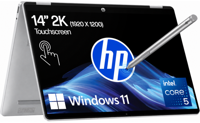 HP OmniBook 5 Flip (2025) 14-fp0045ne NEW Intel Core 5 10-Cores w/ 360° Touch Display & BIG Battery & Fast Charge - Silver