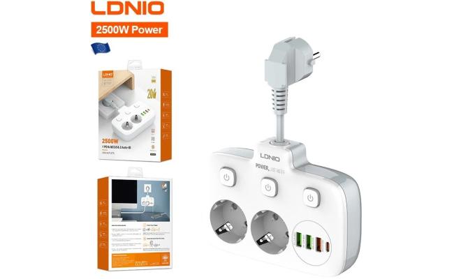 LDNIO SE2435 2 AC Outlets Portable Electrical Extension & 20W USB-C PD Fast Charging & Multi-Device Protection EU Plug - White