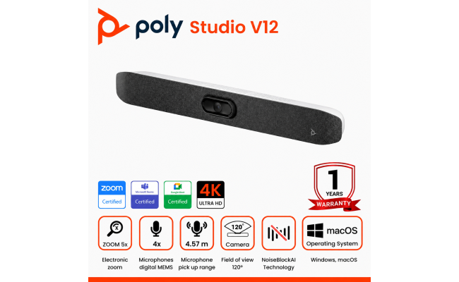 Poly Studio V12 – USB Video Bar for Small Rooms - 4K 20MP Camera, AI-Enhanced Audio, Noise Cancellation, Poly Lens Management - Microsoft Teams, Zoom & Google Meet Compatible - Thoughtfully Made Poly Studio V12 – USB Video Bar for Small Rooms - 4K 20MP Camera, AI-Enhanced Audio, Noise Cancellation, Poly Lens Management - Microsoft Teams, Zoom & Google Meet Compatible - Thoughtfully Made