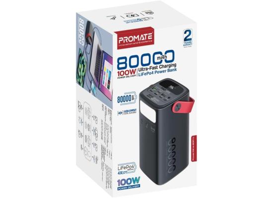 Promate PowerMine-80 Pro 80000mAh High-Capacity Battery Charger 100W USB-C PD Fast Charging, 4 Outputs, 3 Inputs, Solar DC, Lightning, Digital Display, LED Light