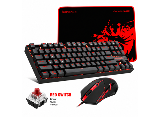 Redragon - K552-BA Mechanical Keyboard & Mouse & Large Mouse Pad Combo - 87 Key LED Backlit Adjustable Brightness and Breathing Effects - 100% Anti-Ghosting (Keyboard, Mouse, Mousepad Set) - Red Switch