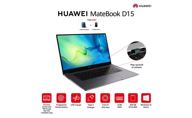 HUAWEI MateBook D15 10Gen Core i3 SSD & Windows 10 Metal - Grey + Gifts Huawei Mouse & Carry Case