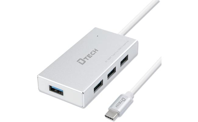 DTECH DT-3308T USB C 4-Port USB 3.0 Aluminum Hub - Silver