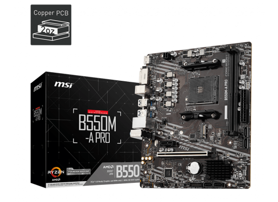 MSI B550M-A PRO Micro-ATX Motherboard, AMD B550 Chipset, AM4 Socket, Max. Memory 64GB DDR4, 2 x Dual-Channel DDR4 Ports, 1 x PCIe 4.0 x16 Slot