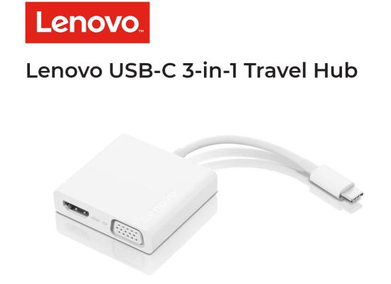 Lenovo USB-C 3-in-1 Travel Hub 4K HDMI, VGA, USB 3.0 Plug and Play , White