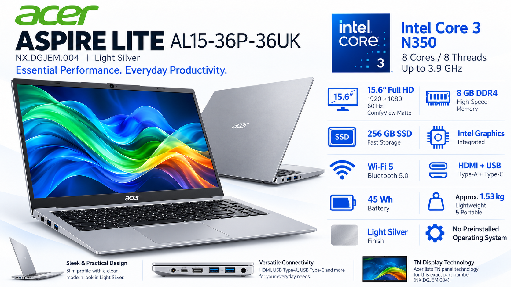Acer Aspire Lite AL15-36P-36UK Laptop Light Silver Overview