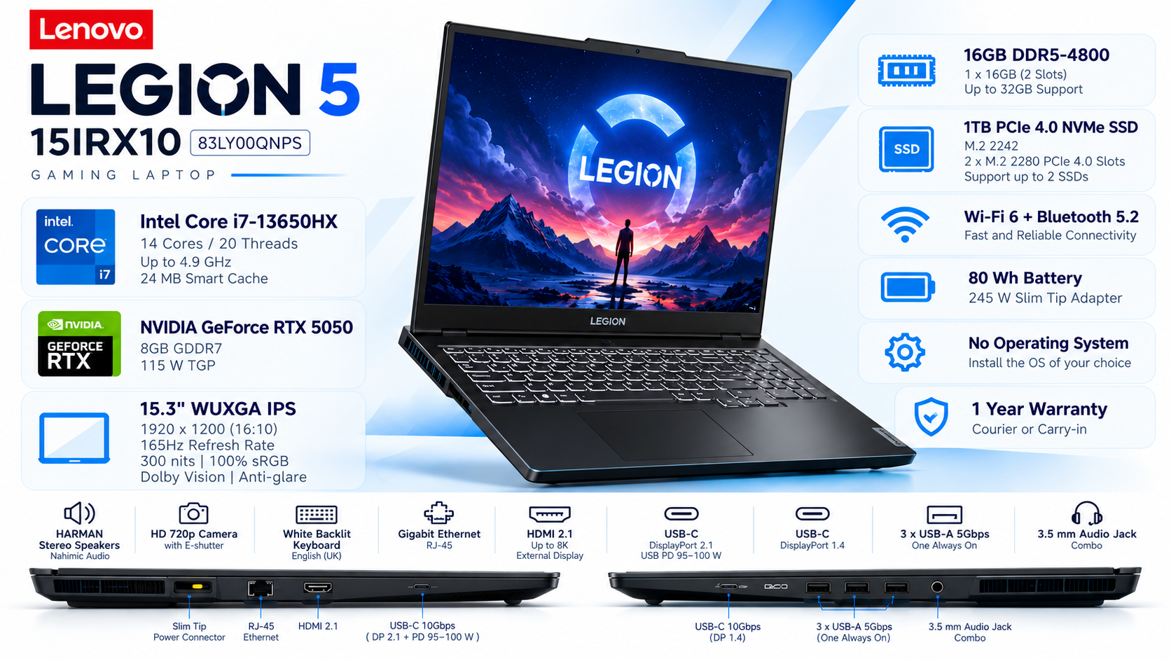 Lenovo Legion 5 15IRX10 RTX 5050 Gaming Laptop Eclipse Black Overview