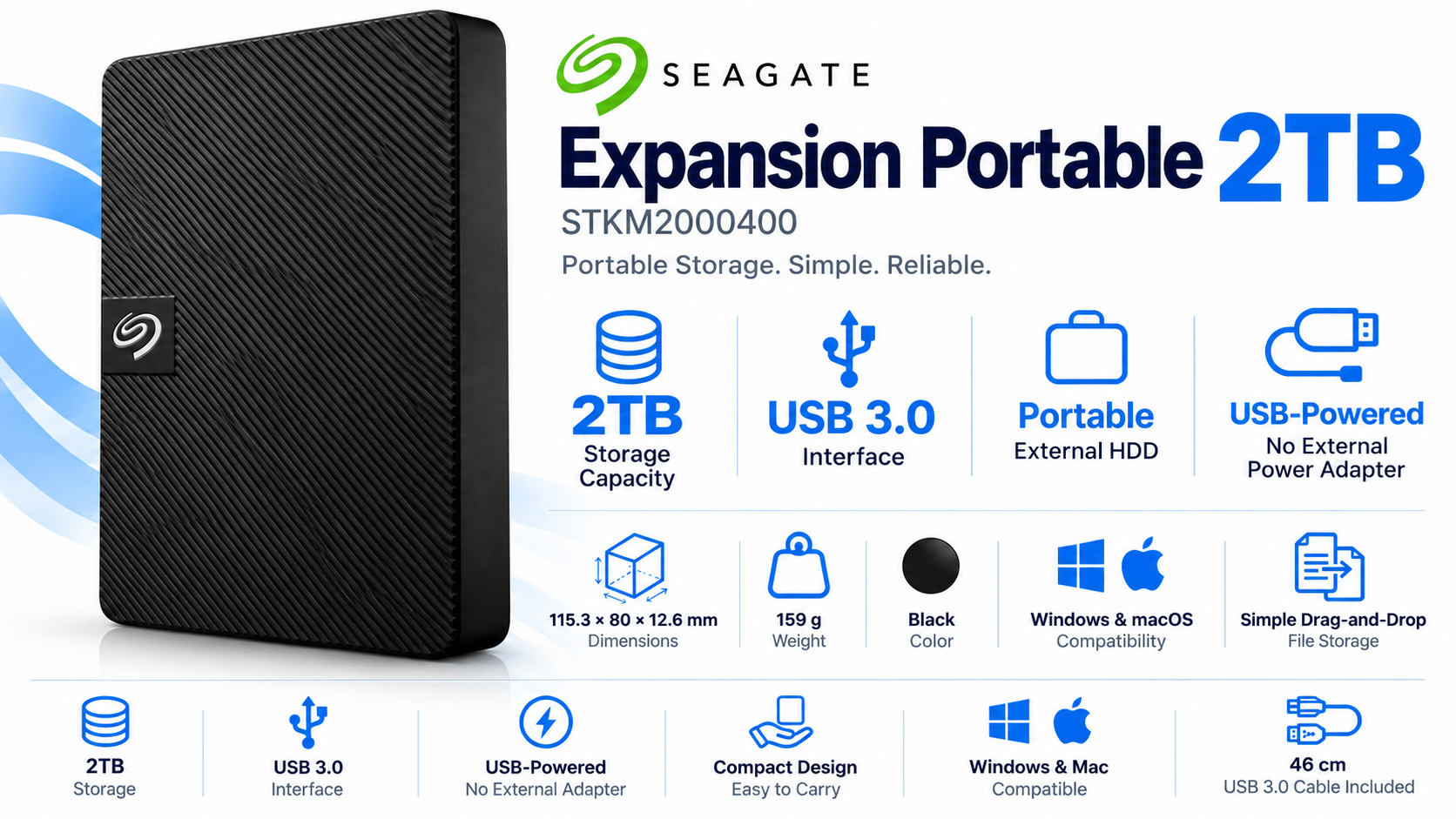 Seagate Expansion Portable 2TB External Hard Drive Black Overview
