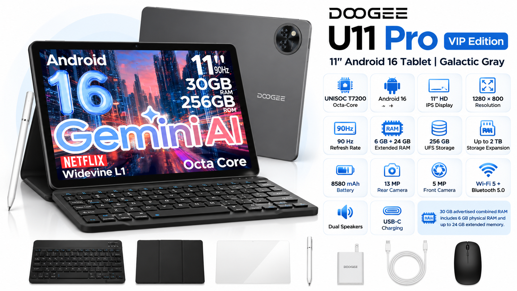 DOOGEE U11 Pro VIP Edition Galactic Gray Tablet with Accessories Overview