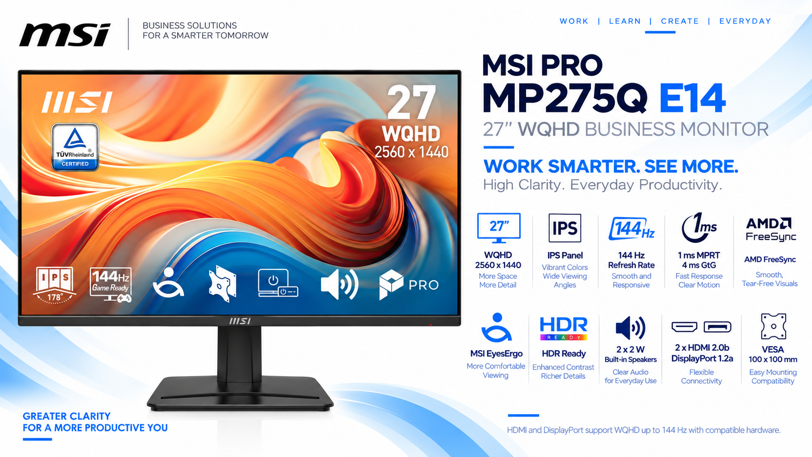 MSI PRO MP275Q E14 27-Inch WQHD IPS 144Hz Business Monitor Overview