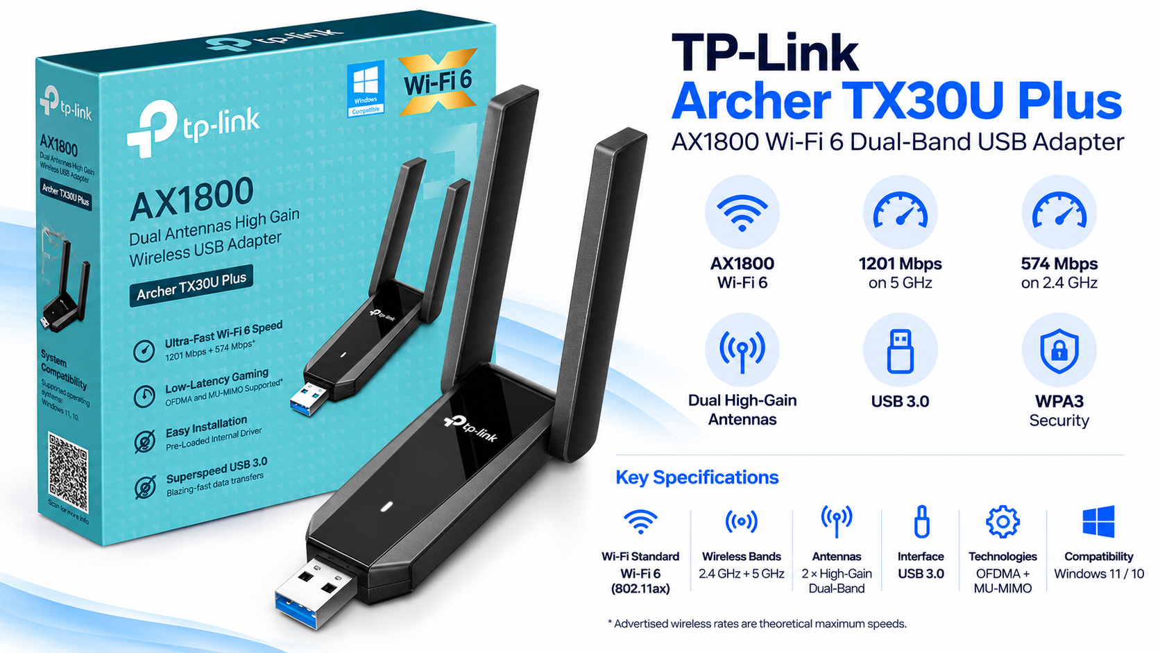 TP-Link Archer TX30U Plus AX1800 Wi-Fi 6 Dual-Antenna USB Adapter Overview