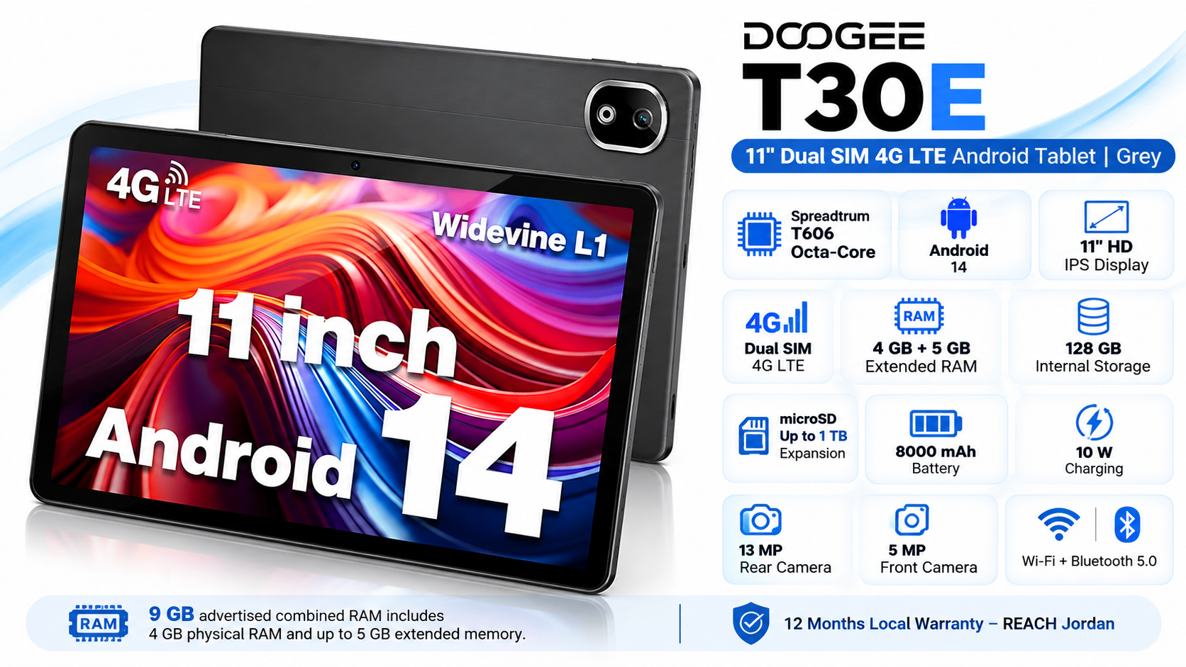 DOOGEE T30E Grey Dual SIM 4G LTE Tablet Overview