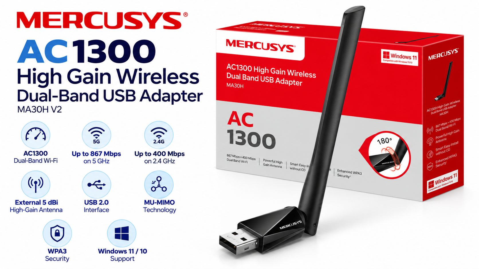 MERCUSYS MA30H V2 AC1300 High Gain Dual-Band USB Wi-Fi Adapter Overview