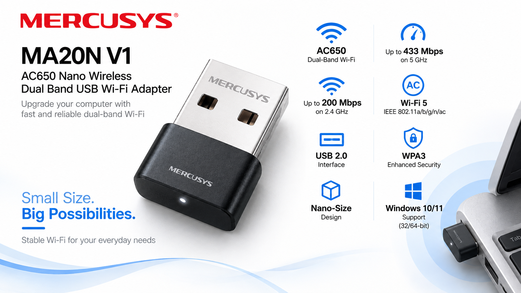 Mercusys MA20N V1 AC650 Nano Dual-Band Wi-Fi USB Adapter Overview