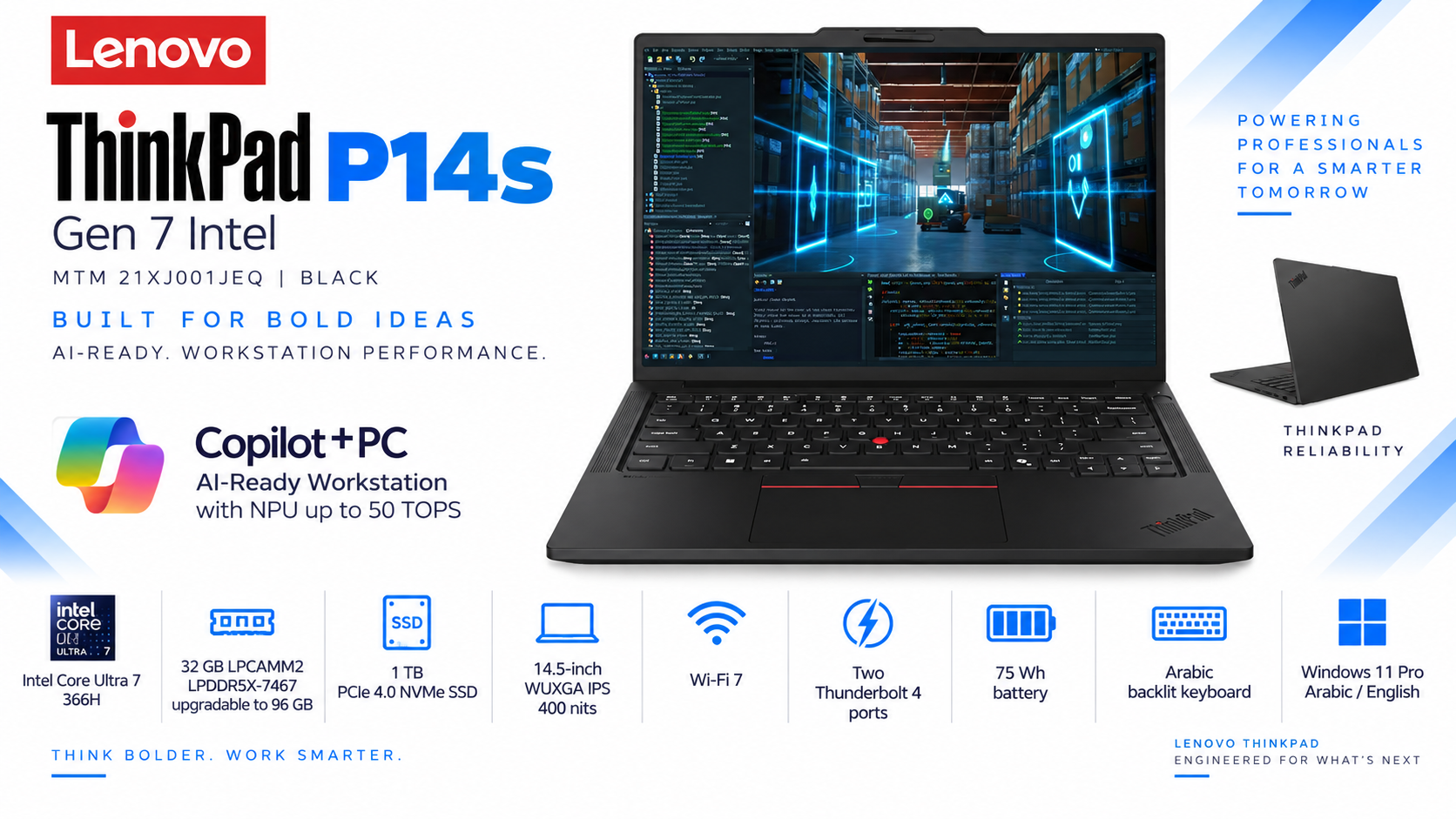 Lenovo ThinkPad P14s Gen 7 Intel Mobile Workstation - Core Ultra 7 366H - 32GB - 1TB SSD - 14.5-inch WUXGA - Black Overview