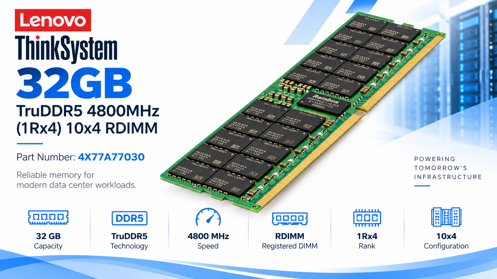 Lenovo ThinkSystem 32GB TruDDR5 4800MHz 1Rx4 10x4 RDIMM 4X77A77030