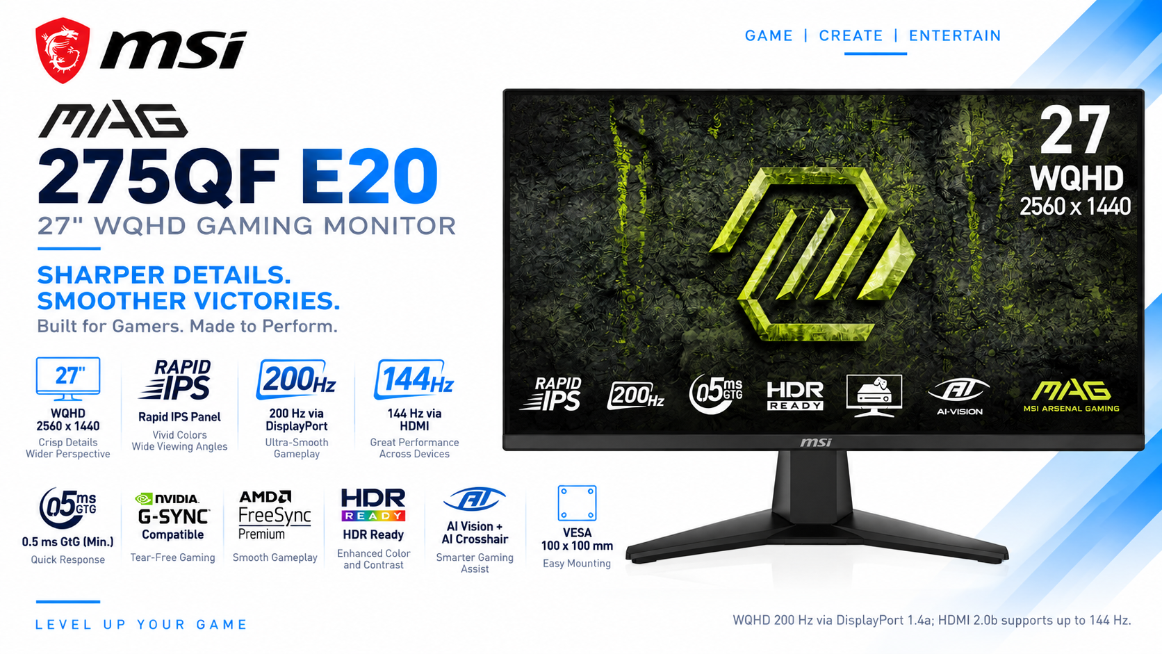 MSI MAG 275QF E20 27-Inch WQHD Rapid IPS 200Hz Gaming Monitor Overview