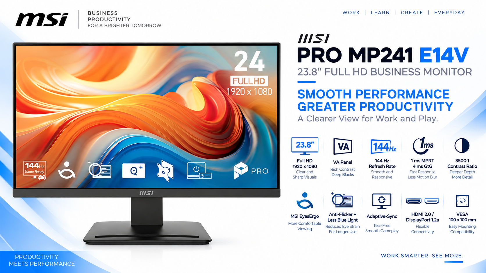 MSI PRO MP241 E14V 23.8-Inch FHD VA 144Hz Business Monitor Black Overview