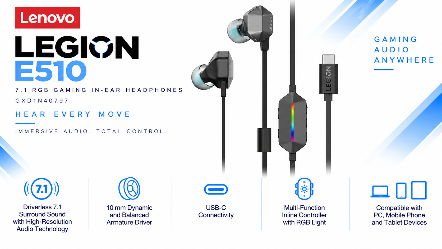 Lenovo Legion E510 7.1 RGB Gaming In-Ear Headphones - USB-C Overview