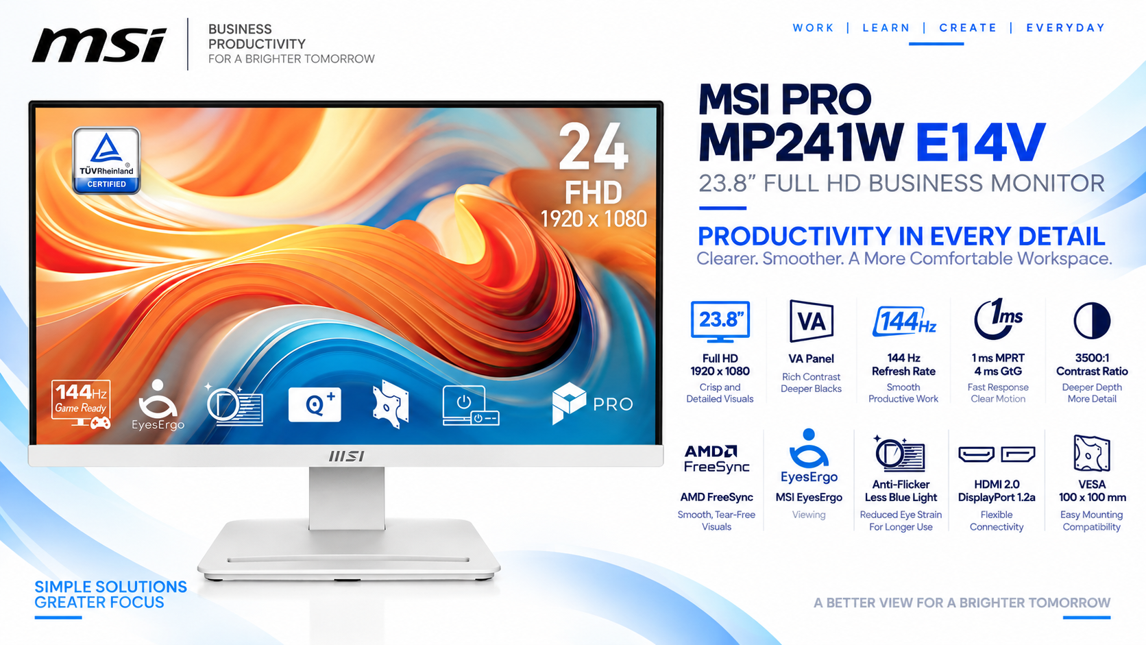 MSI PRO MP241W E14V 23.8-Inch FHD VA 144Hz White Business Monitor Overview