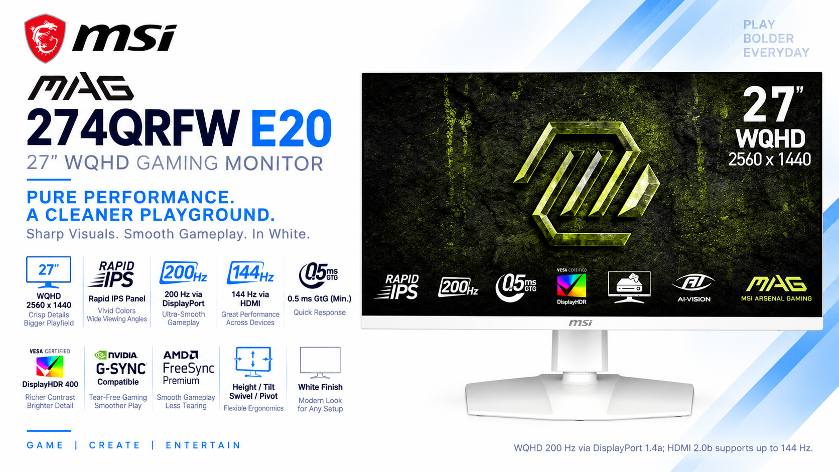MSI MAG 274QRFW E20 27-Inch WQHD Rapid IPS 200Hz White Gaming Monitor Overview