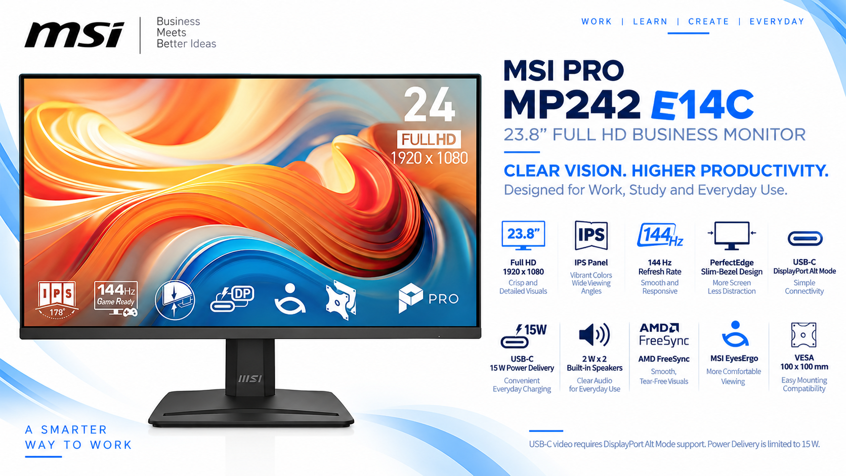 MSI PRO MP242 E14C 23.8-Inch FHD IPS 144Hz Business Monitor Overview