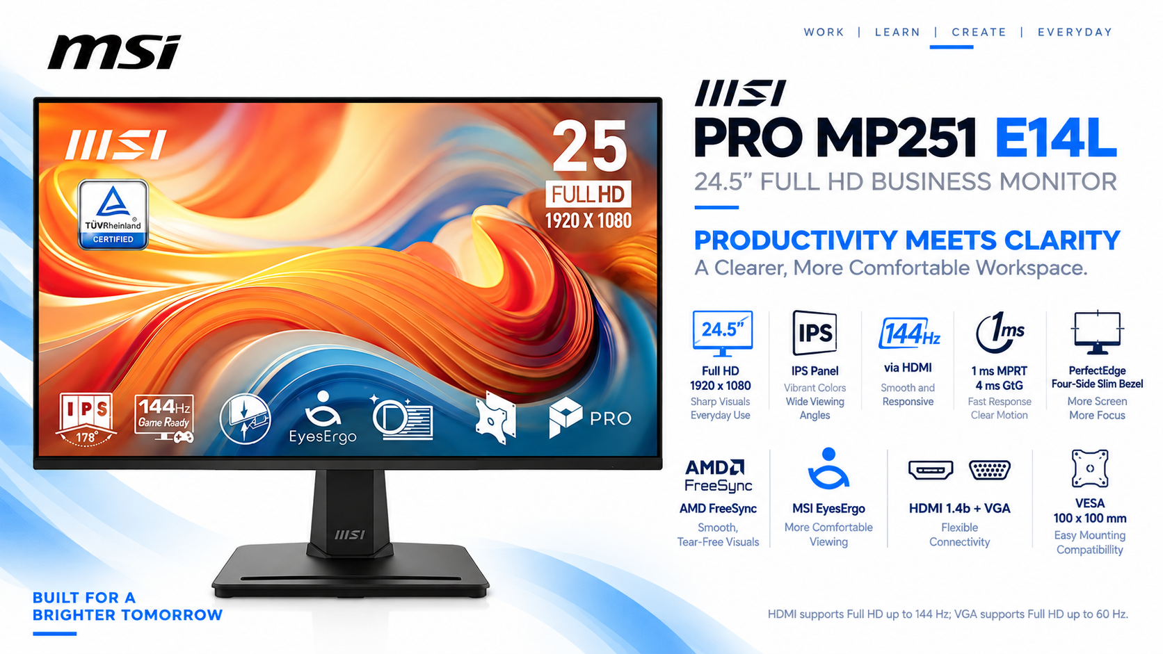 MSI PRO MP251 E14L 24.5-Inch Full HD IPS 144Hz Business Monitor Overview